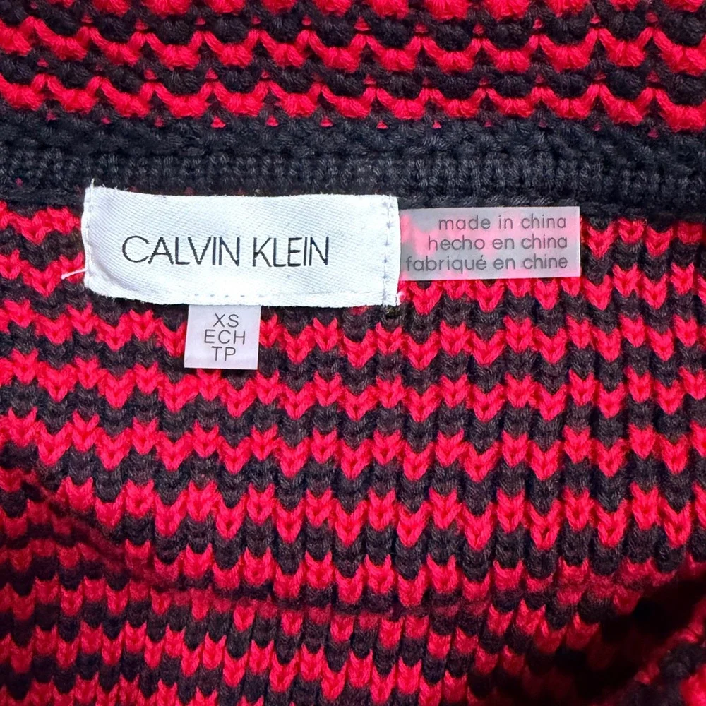 Calvin Klein Womens Red Black Striped Cowl Neck Tunic Sweater XS Cotton Knit